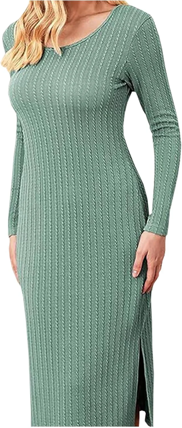 پیراهن بارداری بافتنی کبریتی با چاک پهلو، آستین بلند و قد میدی مناسب دوران بارداری