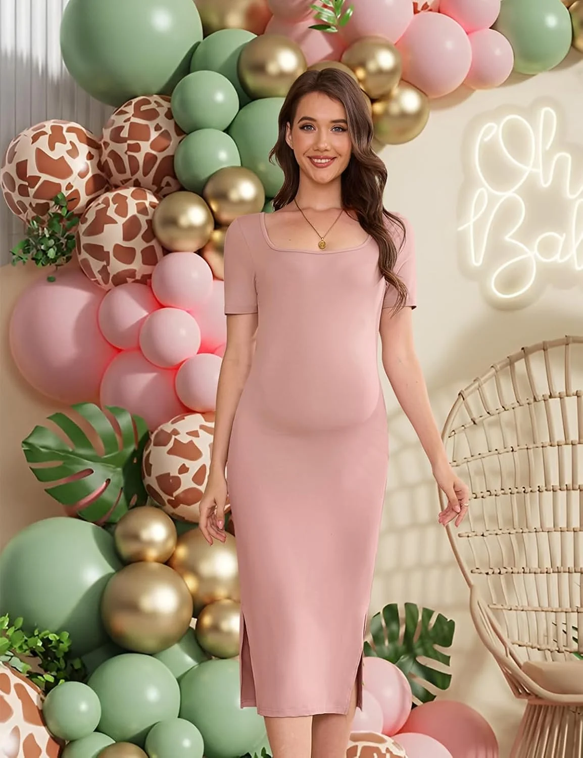 لباس بارداری جذب کشی LAHILO مناسب برای جشن تعیین جنسیت، لباس میدی آستین کوتاه بارداری برای عکاسی/استفاده روزمره