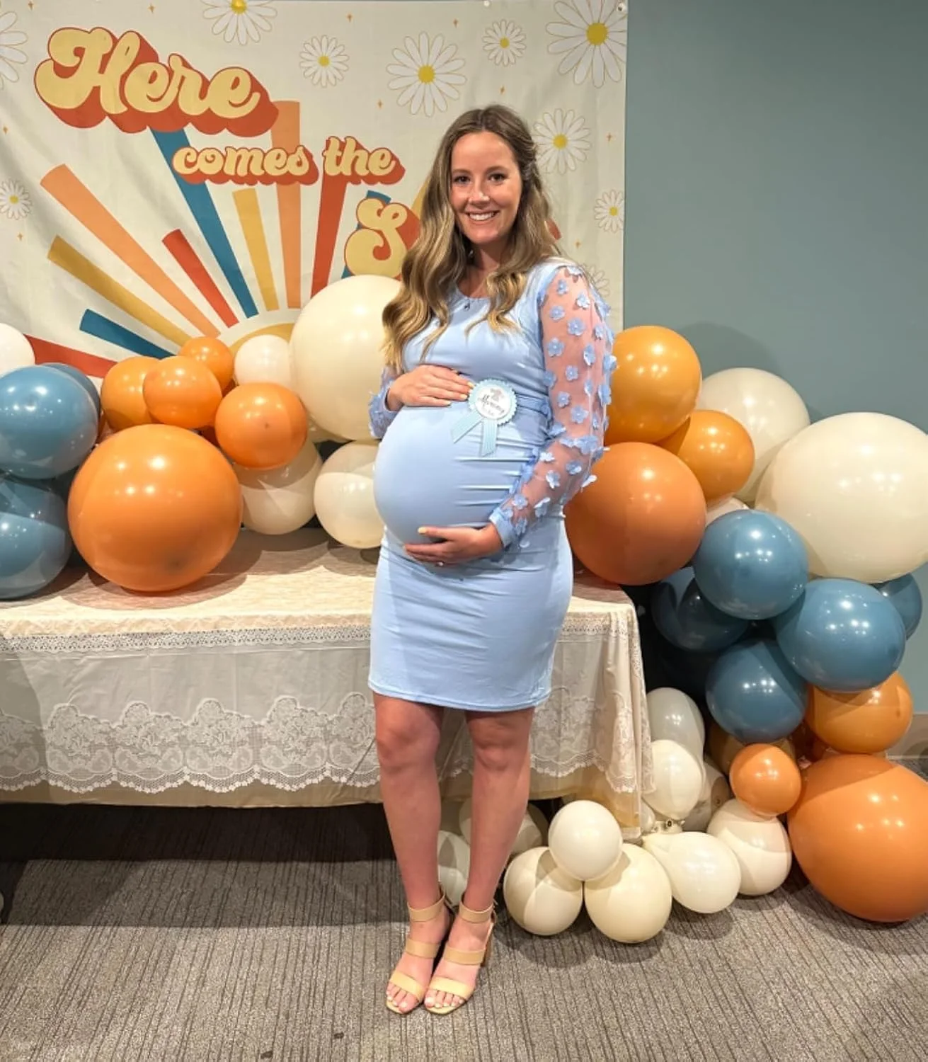 پیراهن میدی بارداری آستین بلند اسقف توری گلدار، پیراهن بارداری جذب پاییزی برای مهمانی تعیین جنسیت/مهمان عروسی/عکاسی