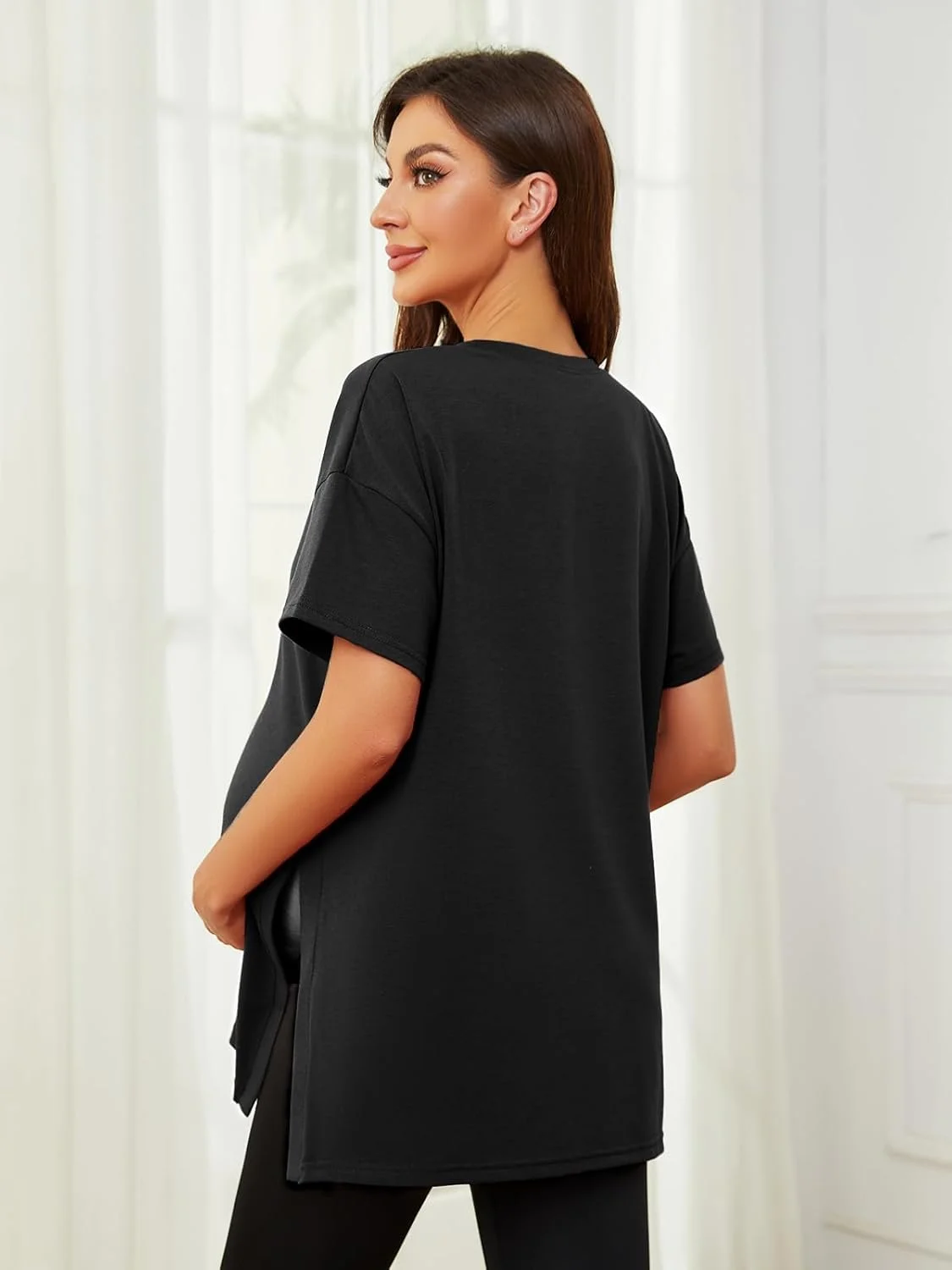 تی شرت بارداری زنانه Liu & Qu آستین کوتاه با پهلوی چاک دار، لباس بارداری غیر رسمی یقه گرد و گشاد