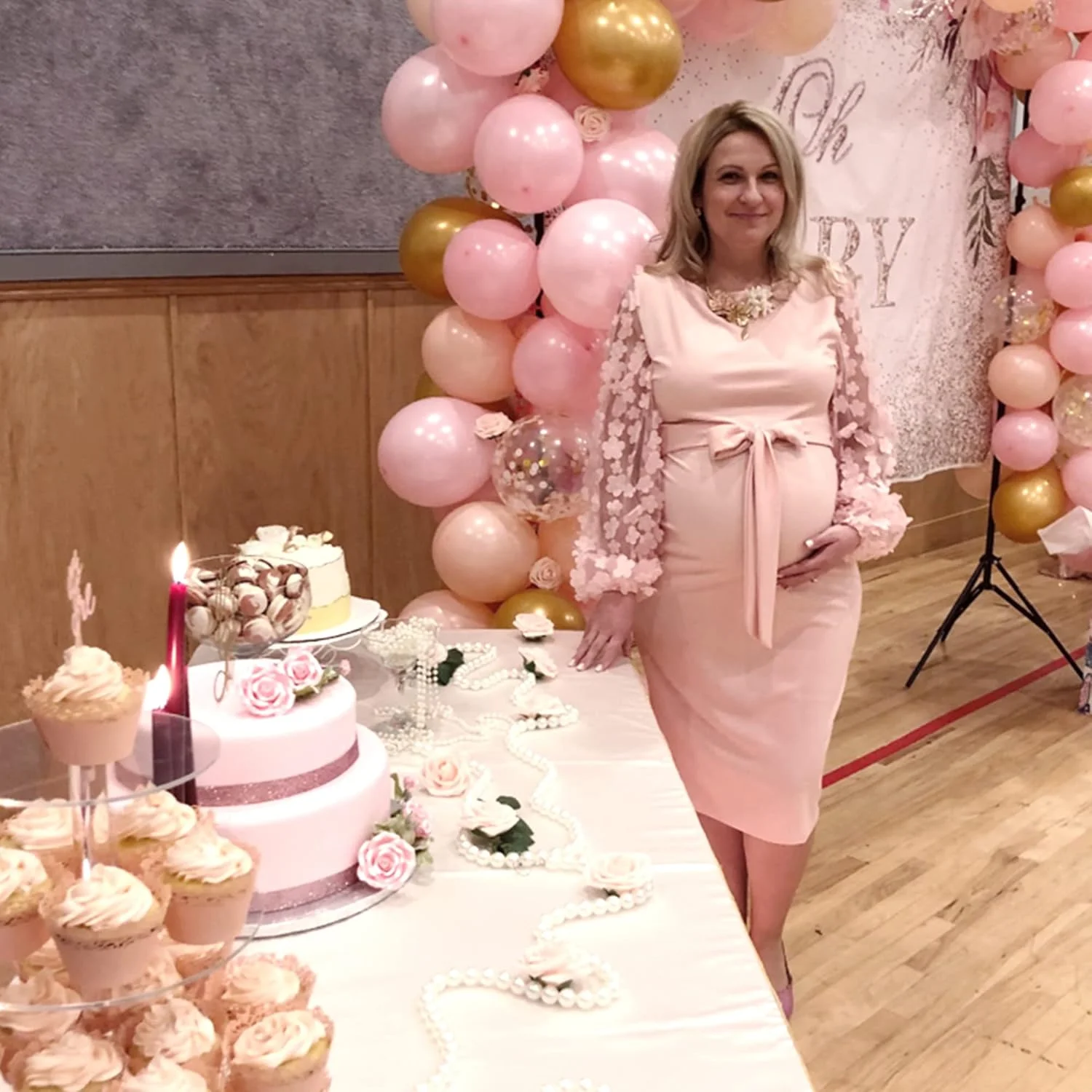 پیراهن میدی بارداری آستین بلند اسقف توری گلدار LAHILO، پیراهن جذب بارداری پاییزی برای جشن نوزاد/مهمان عروسی/عکاسی، صورتی، M