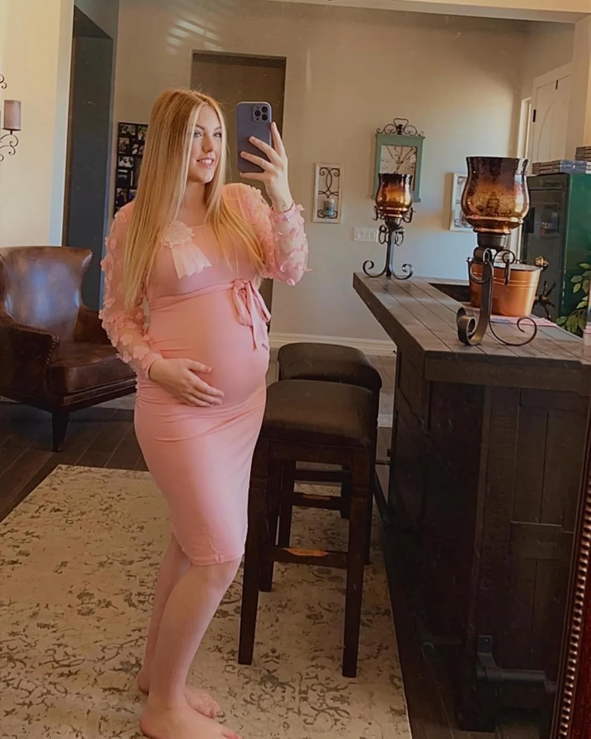 پیراهن میدی بارداری آستین بلند اسقف توری گلدار LAHILO، پیراهن جذب بارداری پاییزی برای جشن نوزاد/مهمان عروسی/عکاسی، صورتی، M