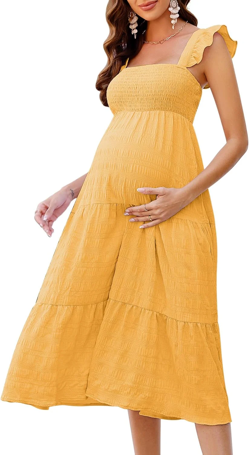 لباس بارداری زنانه KOJOOIN، تابستانی، بدون آستین، یقه مربعی کشی، مدل چین دار، لباس میدی بوهو غیر رسمی برای جشن نوزاد و عکاسی