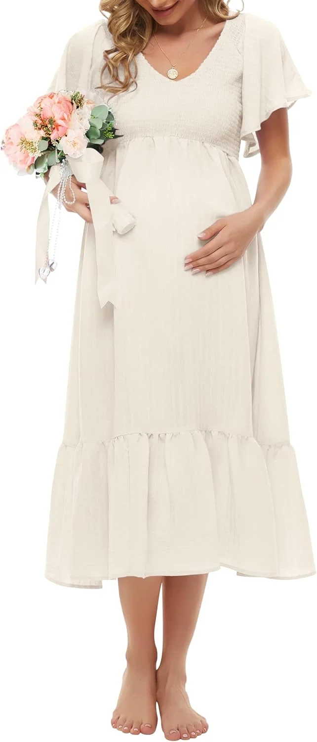 لباس بارداری میدی آستین کوتاه پروانه‌ای کیم اس بوهو (S-2XL) / لباس‌های میدی غیررسمی یقه هفت