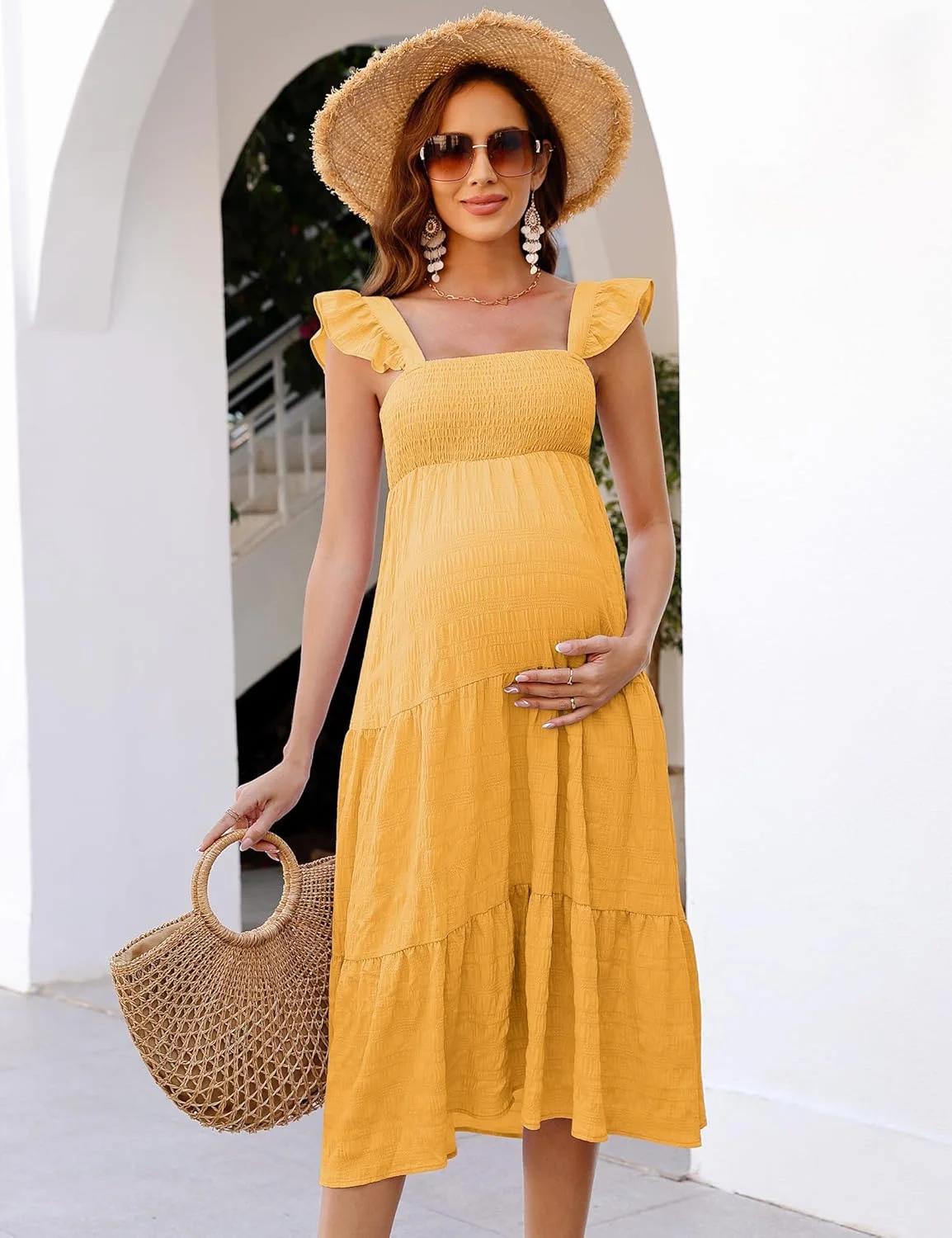 لباس بارداری زنانه KOJOOIN، تابستانی، بدون آستین، یقه مربعی کشی، مدل چین دار، لباس میدی بوهو غیر رسمی برای جشن نوزاد و عکاسی