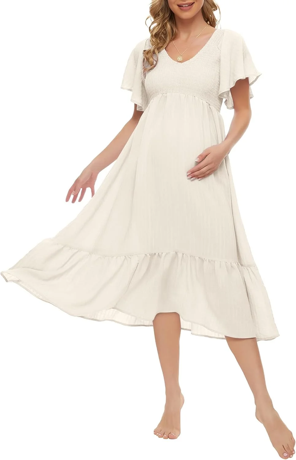 لباس بارداری میدی آستین کوتاه پروانه‌ای کیم اس بوهو (S-2XL) / لباس‌های میدی غیررسمی یقه هفت