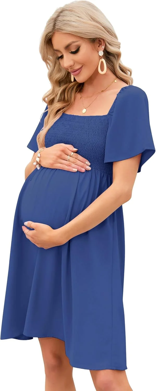 لباس بارداری KOJOOIN تابستانی زنانه، یقه مربعی بند دار، آستین پفی، مدل آف شولدر مناسب دوران بارداری و مهمانی نوزاد