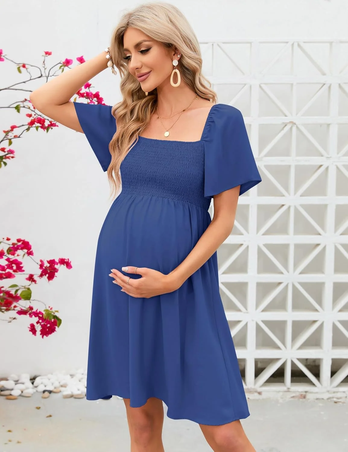 لباس بارداری KOJOOIN تابستانی زنانه، یقه مربعی بند دار، آستین پفی، مدل آف شولدر مناسب دوران بارداری و مهمانی نوزاد