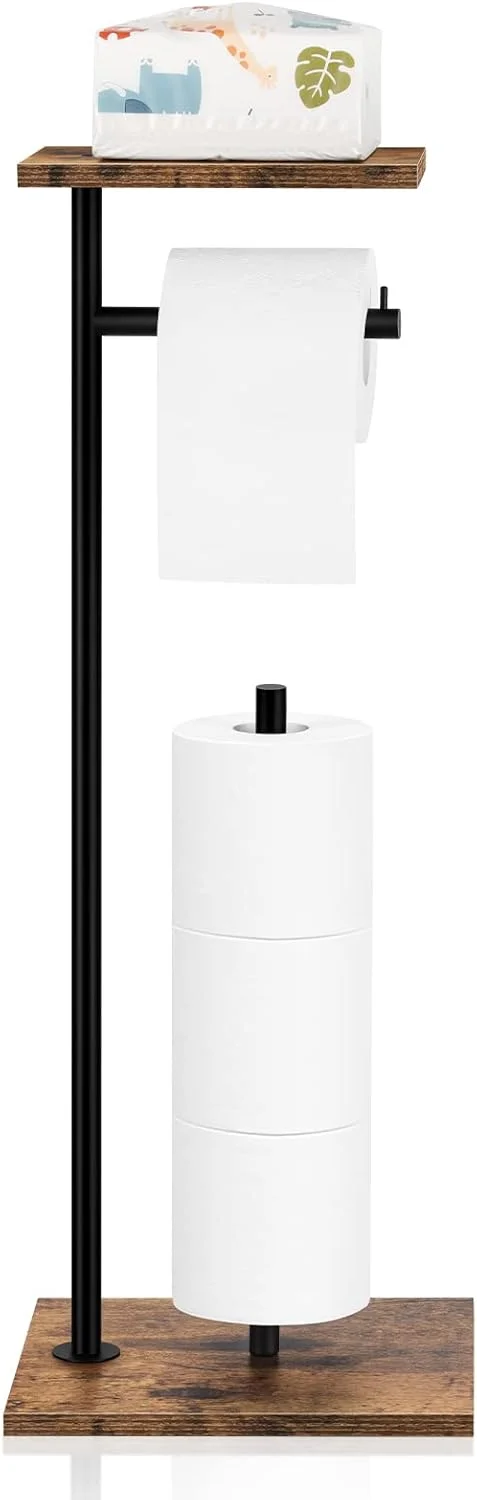پایه نگهدارنده دستمال توالت با قفسه، نگهدارنده رول دستمال توالت با جای ذخیره، پایه دستمال توالت ایستاده، پایه دستمال توالت روستیک با قفسه برای حمام، مناسب برای نگهداری دستمال مرطوب، تلفن همراه، رول های بزرگ، قهوه ای روستیک