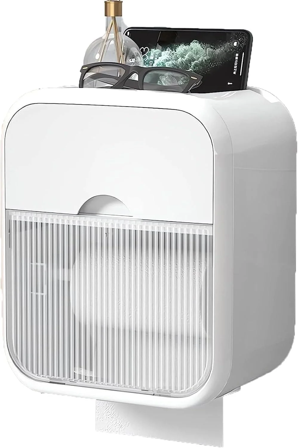 جا دستمال کاغذی دیواری با محفظه دستمال توالت - جا دستمال کاغذی خود چسب با کشوی ذخیره سازی و جعبه ذخیره سازی چند منظوره برای سازماندهی حمام (سفید)