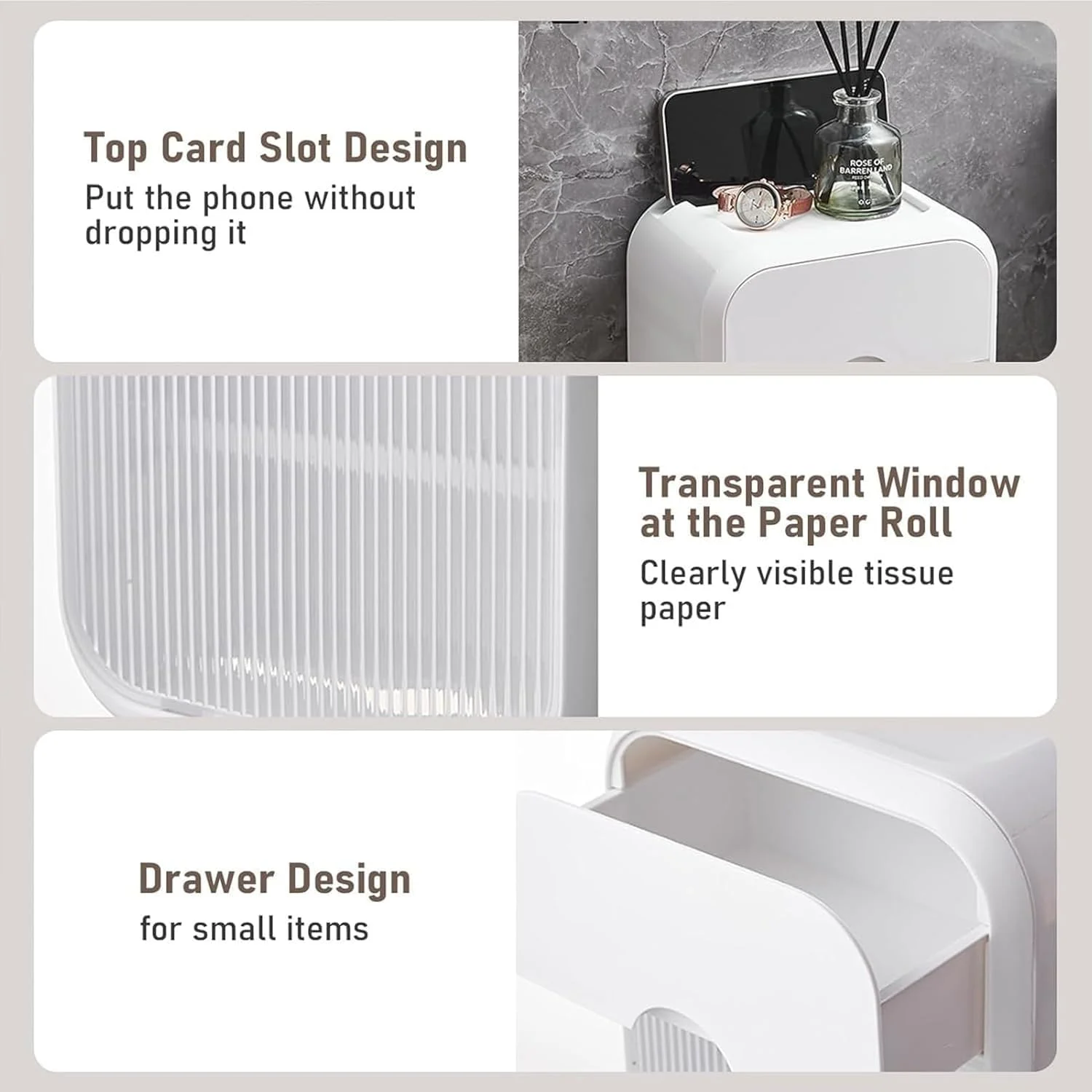 جا دستمال کاغذی دیواری با محفظه دستمال توالت - جا دستمال کاغذی خود چسب با کشوی ذخیره سازی و جعبه ذخیره سازی چند منظوره برای سازماندهی حمام (سفید)