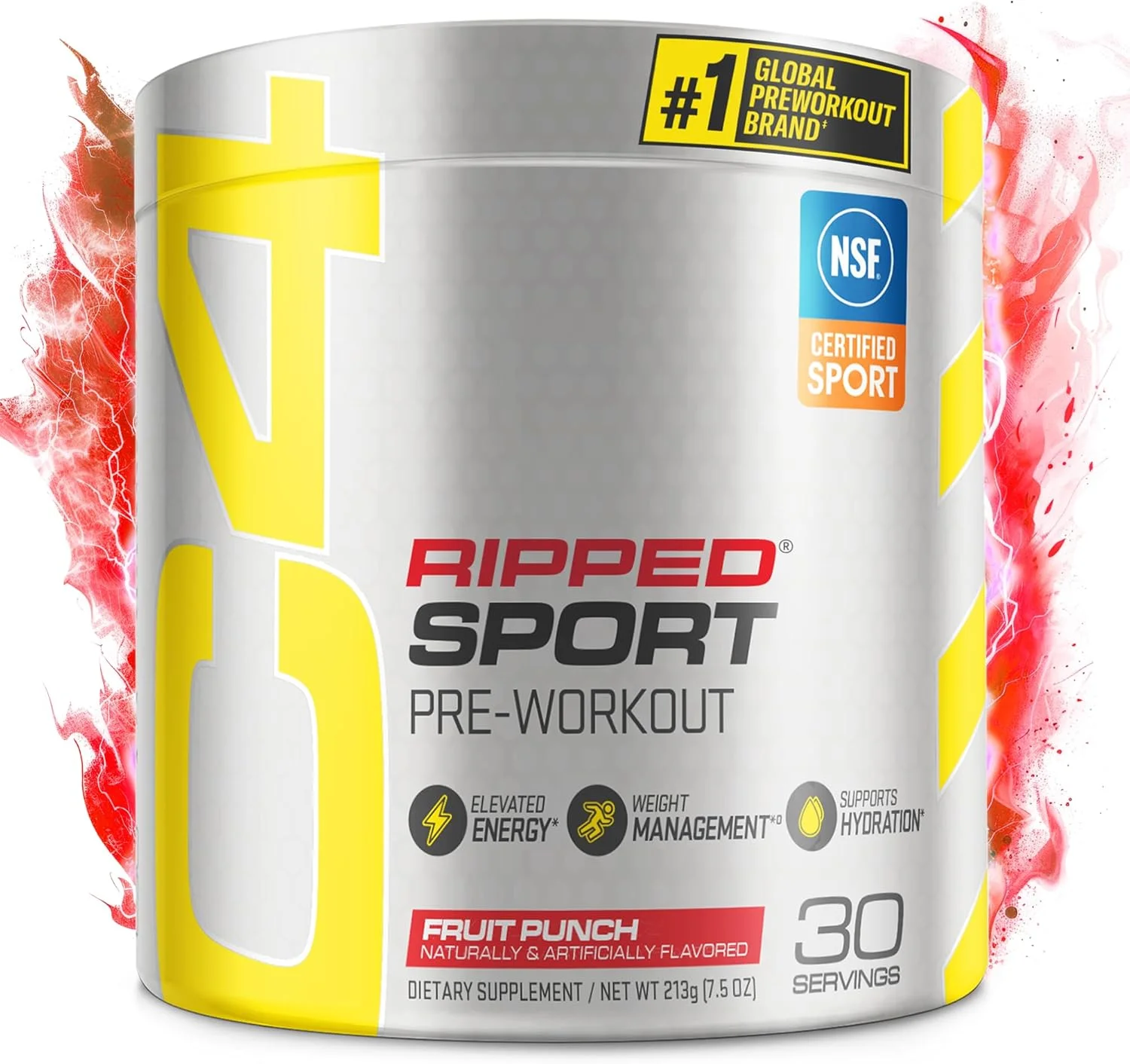 پودر مکمل قبل از تمرین سلکور C4 Ripped Sport با طعم پانچ میوه - دارای گواهینامه NSF برای ورزش + مکمل انرژی قبل از تمرین بدون شکر برای مردان و زنان | 135 میلی گرم کافئین | 30 سروینگ