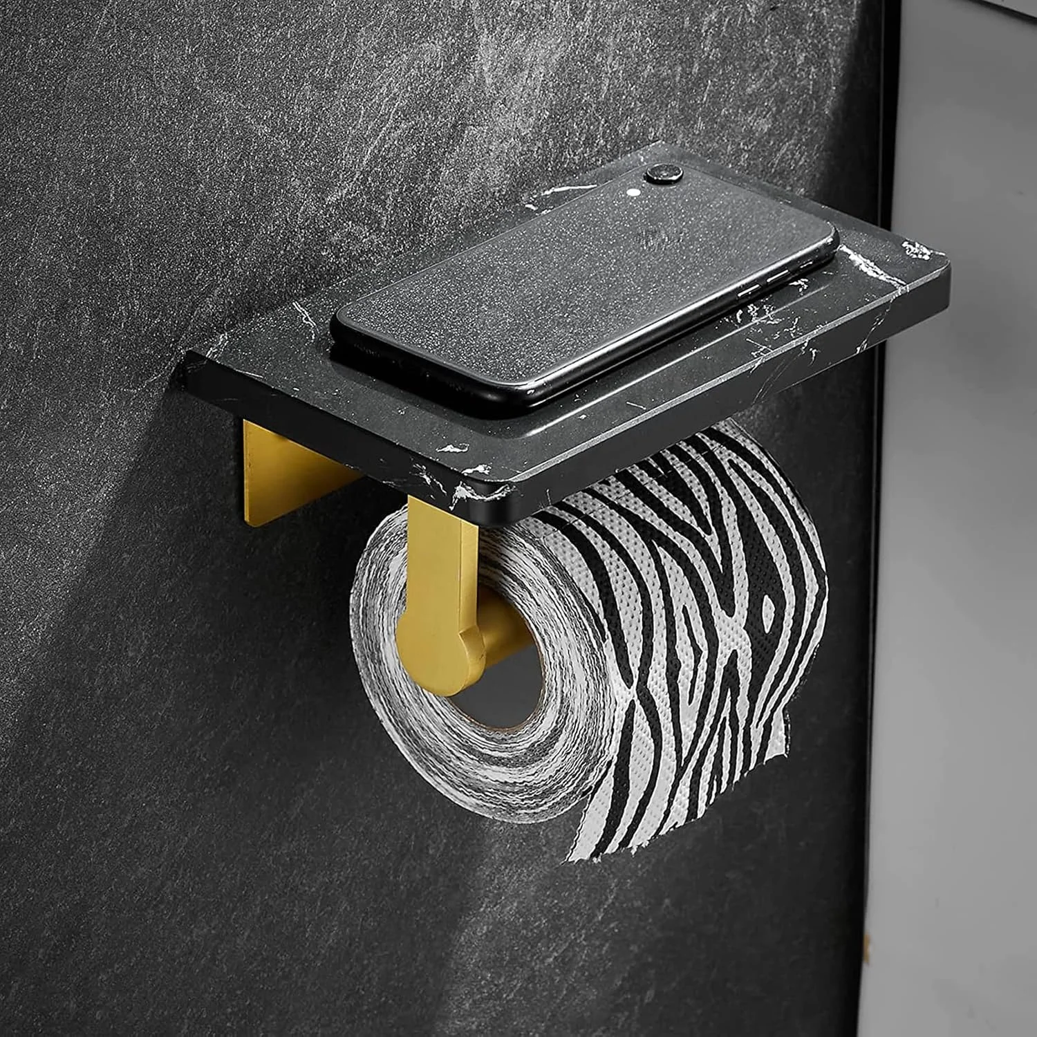 جا دستمال کاغذی توالت با قفسه مرمری، نگهدارنده رول دستمال کاغذی دیواری، نگهدارنده رول دستمال توالت حمام با قفسه مرمری برای نگهداری، مشکی