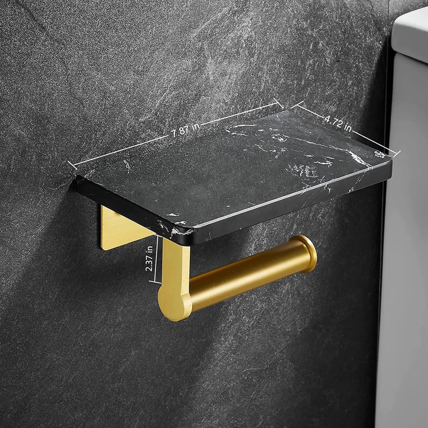 جا دستمال کاغذی توالت با قفسه مرمری، نگهدارنده رول دستمال کاغذی دیواری، نگهدارنده رول دستمال توالت حمام با قفسه مرمری برای نگهداری، مشکی