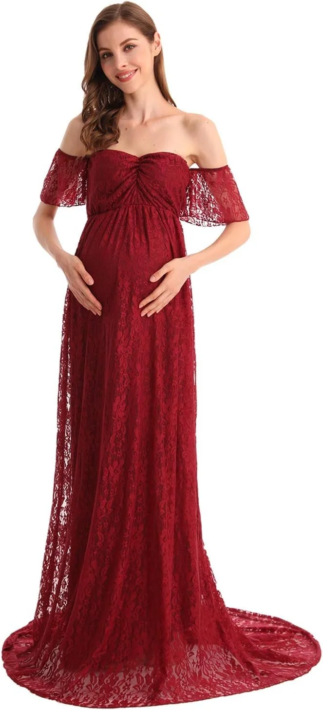 لباس مجلسی توری زنانه بوهو بارداری HIHCBF، لباس عروس توری با آستین های چین دار و شانه باز، مناسب برای عکاسی، جشن نوزاد و دوران بارداری