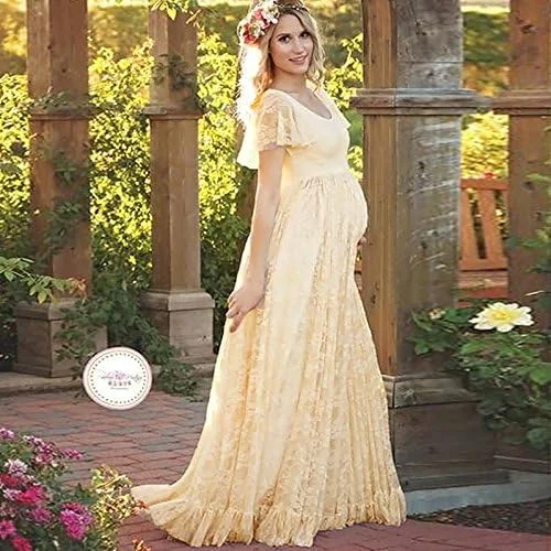 لباس ماکسی زنانه بارداری IWEMEK با طرح گل و توری، مناسب عکاسی، لباس مجلسی شیک برای جشن بارداری و عکسبرداری