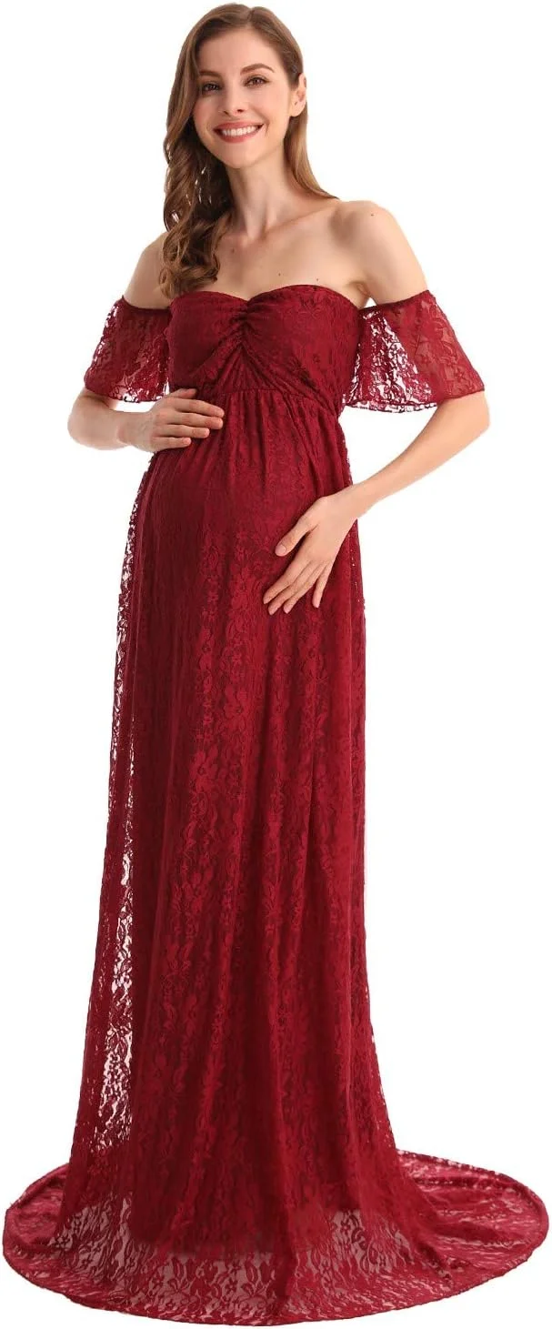 لباس مجلسی توری زنانه بوهو بارداری HIHCBF، لباس عروس توری با آستین های چین دار و شانه باز، مناسب برای عکاسی، جشن نوزاد و دوران بارداری