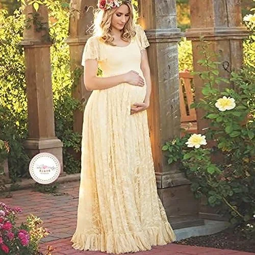 لباس ماکسی زنانه بارداری IWEMEK با طرح گل و توری، مناسب عکاسی، لباس مجلسی شیک برای جشن بارداری و عکسبرداری