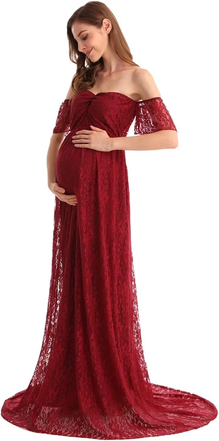 لباس مجلسی توری زنانه بوهو بارداری HIHCBF، لباس عروس توری با آستین های چین دار و شانه باز، مناسب برای عکاسی، جشن نوزاد و دوران بارداری