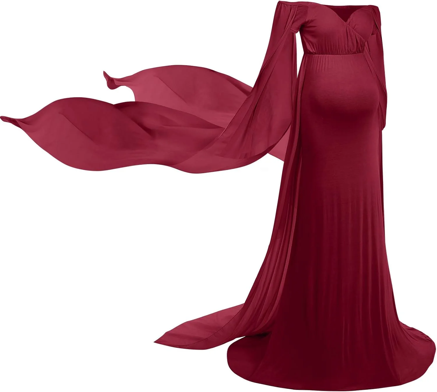 لباس بارداری آستین بلند زنانه، یقه باز، لباس مجلسی بلند و اندامی توری، مناسب برای عکاسی و جشن نوزاد