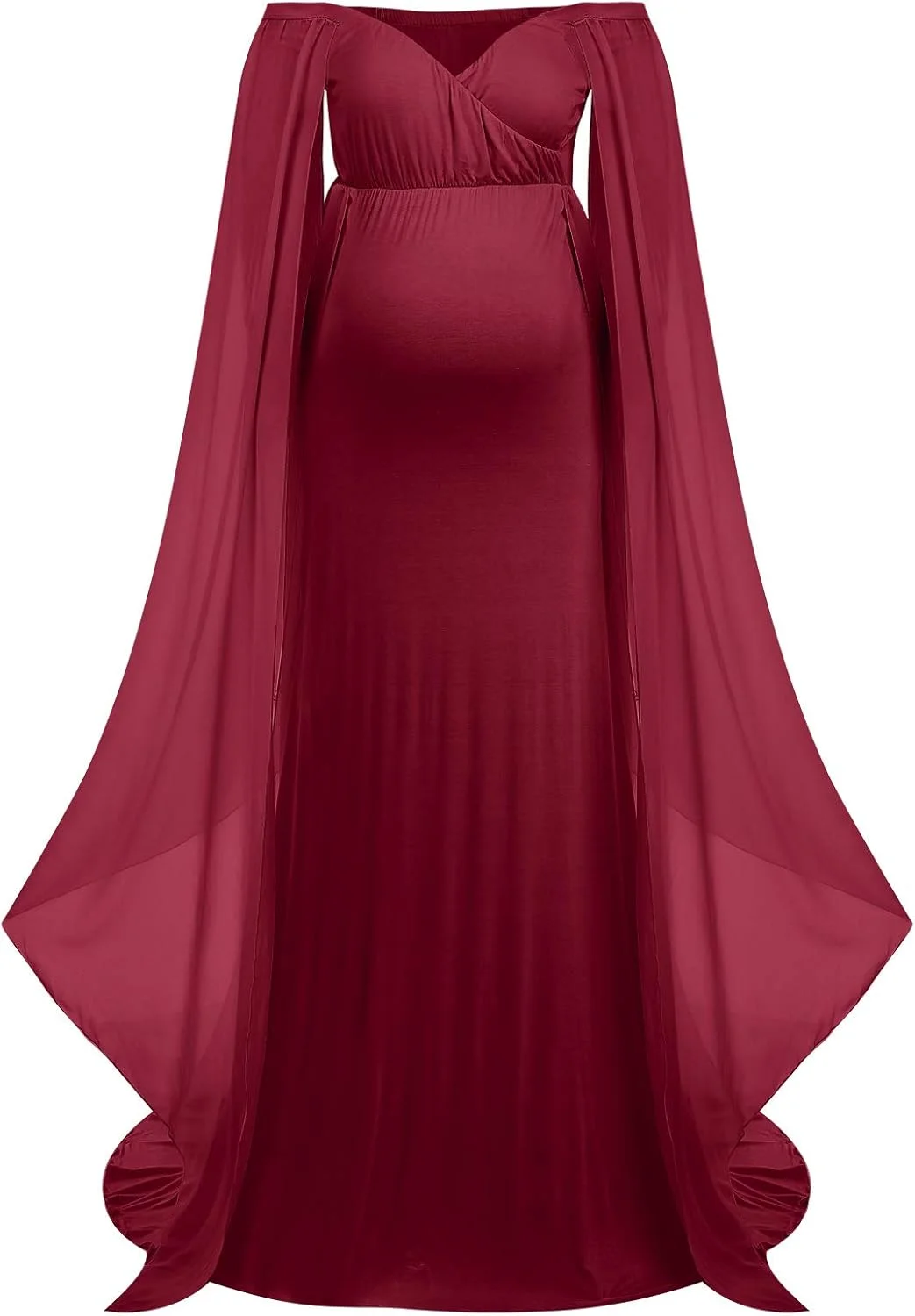 لباس بارداری آستین بلند زنانه، یقه باز، لباس مجلسی بلند و اندامی توری، مناسب برای عکاسی و جشن نوزاد