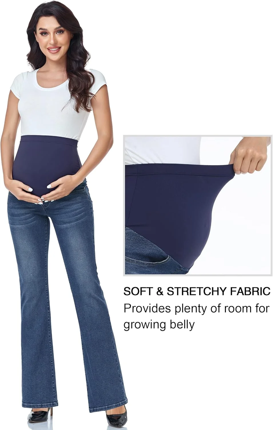 شلوار جین بارداری زنانه GLAMIX، مدل دمپا گشاد و کشی، دارای جیب و مناسب دوران بارداری