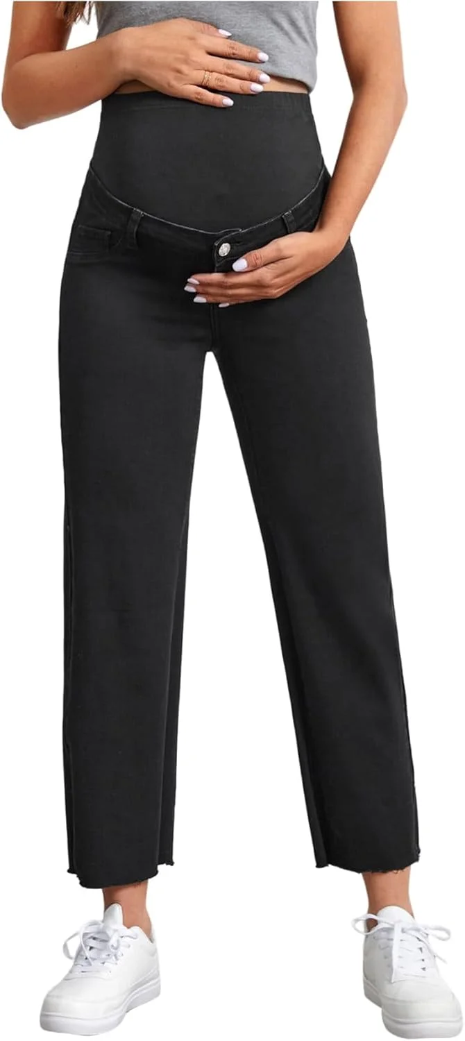 شلوار جین بارداری زنانه GORGLITTER، کمر بلند، روی شکم، پارچه کشی، لبه خام