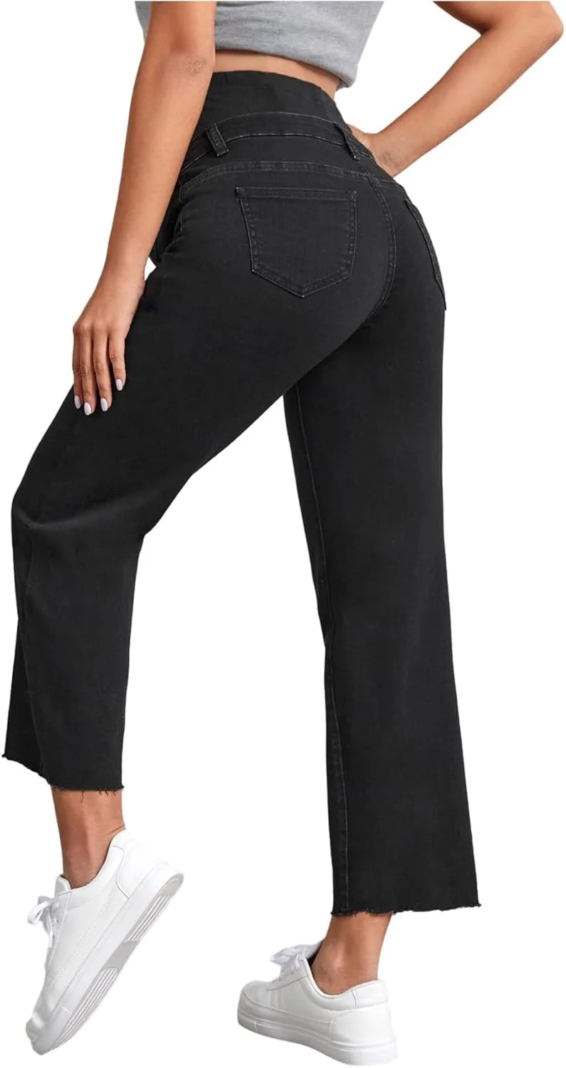 شلوار جین بارداری زنانه GORGLITTER، کمر بلند، روی شکم، پارچه کشی، لبه خام