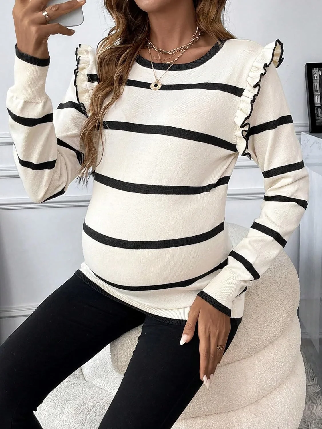 پلیور بافتنی راه راه یقه گرد و آستین بلند بارداری زنانه گورگلیتر پلیور بافتنی راه راه یقه گرد و آستین بلند بارداری زنانه گورگلیتر