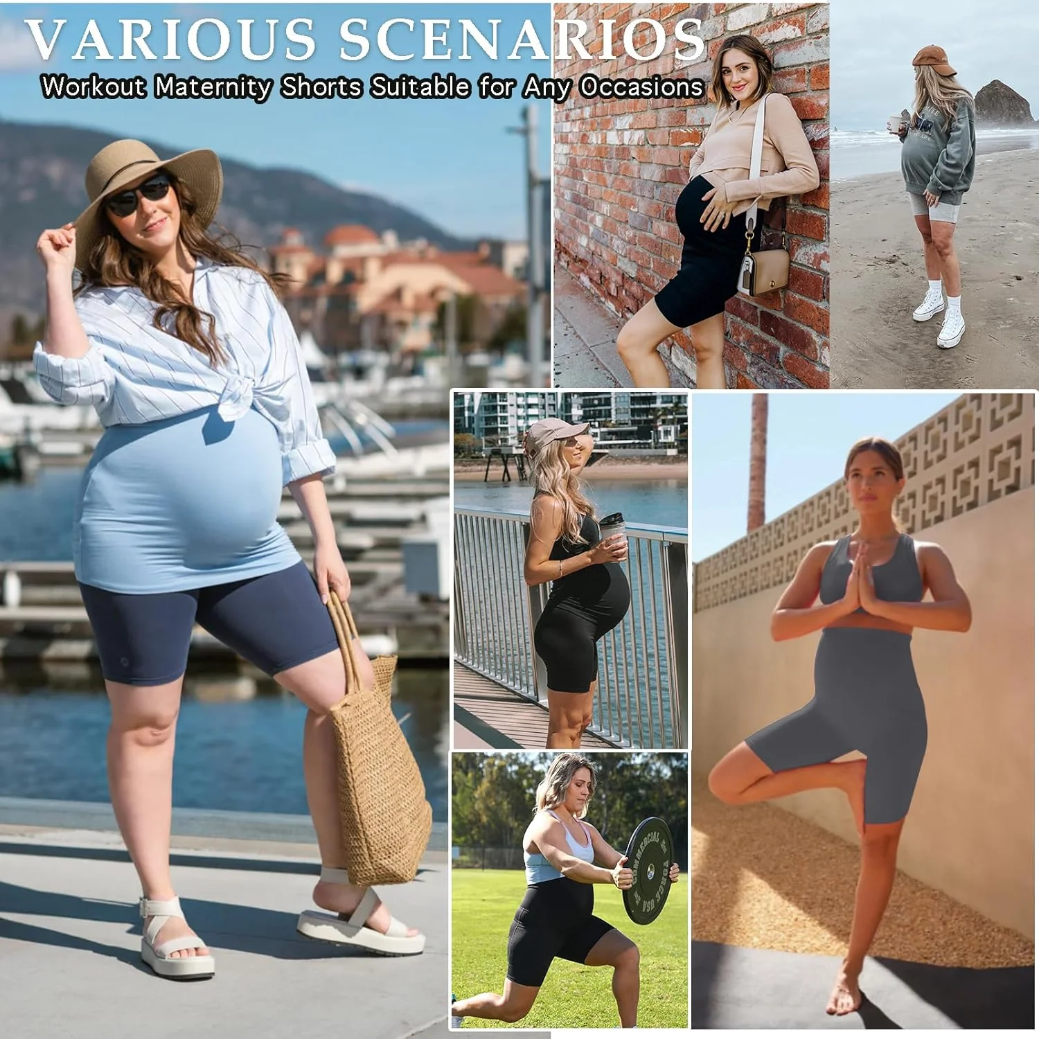 شورت بارداری زنانه گروتین، بسته 3 عددی، بالای شکم با جیب - شورت یوگا و ورزشی کمر بلند بارداری، قد 8 اینچ