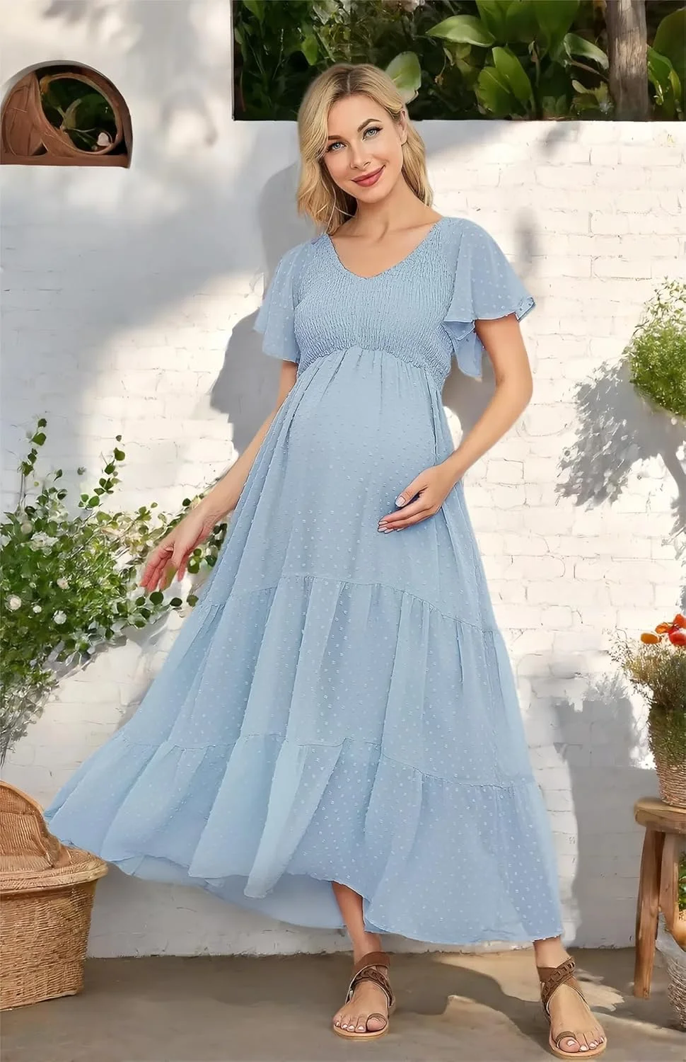 پیراهن بارداری طرح سوئیسی خالدار، مناسب عکسبرداری جشن نوزاد، یقه هفت غیررسمی، آستین چیندار، کمر امپراطوری، مدل بوهمی پیراهن بارداری طرح سوئیسی خالدار، مناسب عکسبرداری جشن نوزاد، یقه هفت غیررسمی، آستین چیندار، کمر امپراطوری، مدل بوهمی