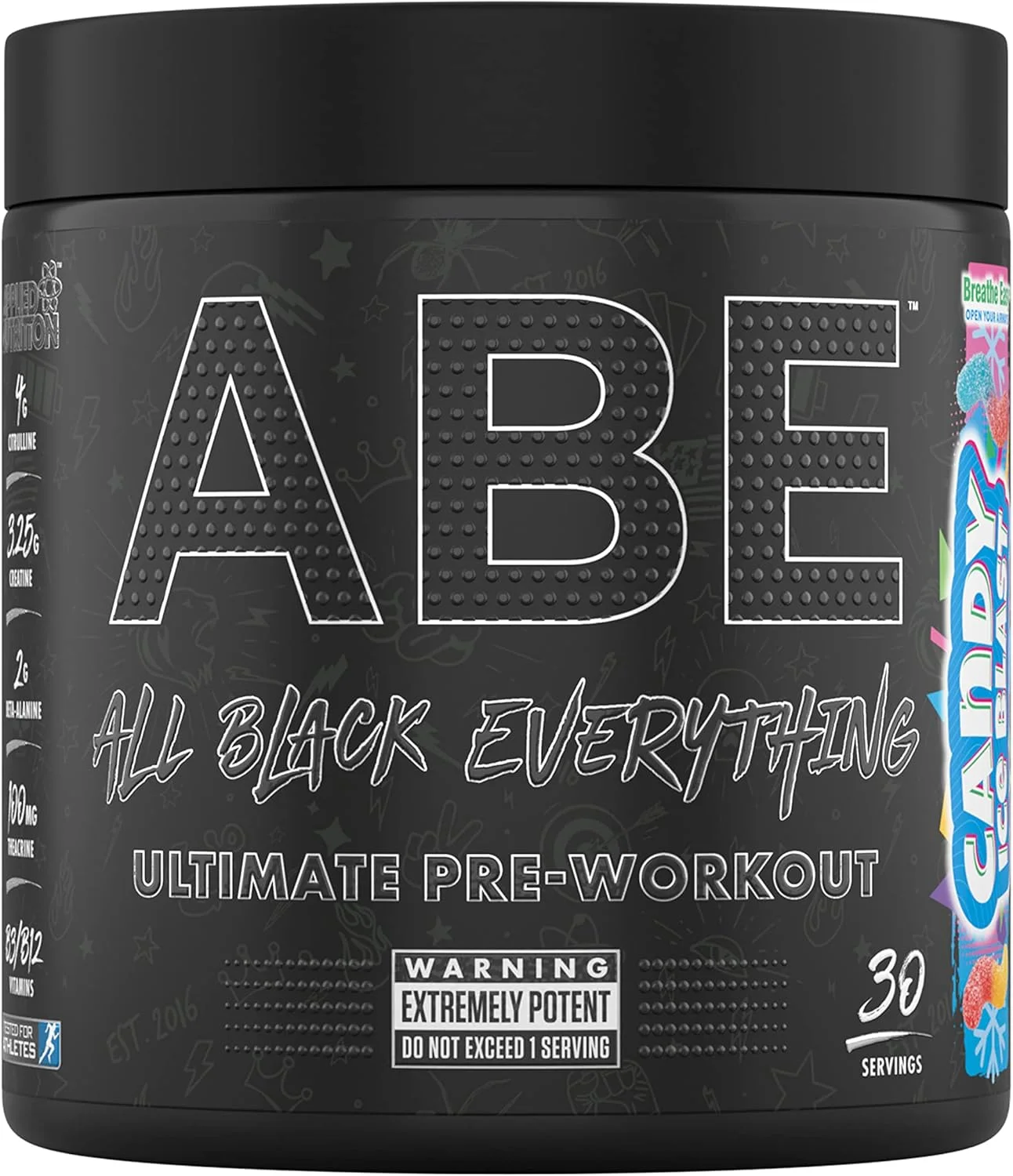 پودر مکمل قبل از تمرین اپلاید نوتریشن ABE All Black Everything برای انرژی و عملکرد فیزیکی حاوی سیترولین، کراتین، بتا آلانین، کافئین و کمپلکس ویتامین B (30 سروینگ، طعم کندی آیس بلاست)