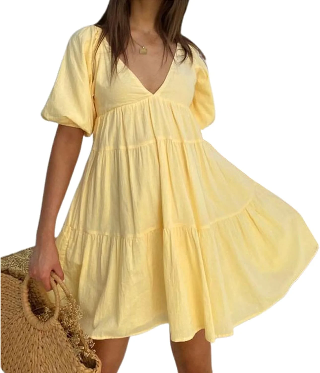 لباس بارداری زنانه طرح گینگام، آستین پفی، یقه دلبری، حاشیه چین دار، لباس کوتاه گشاد مناسب دوران بارداری