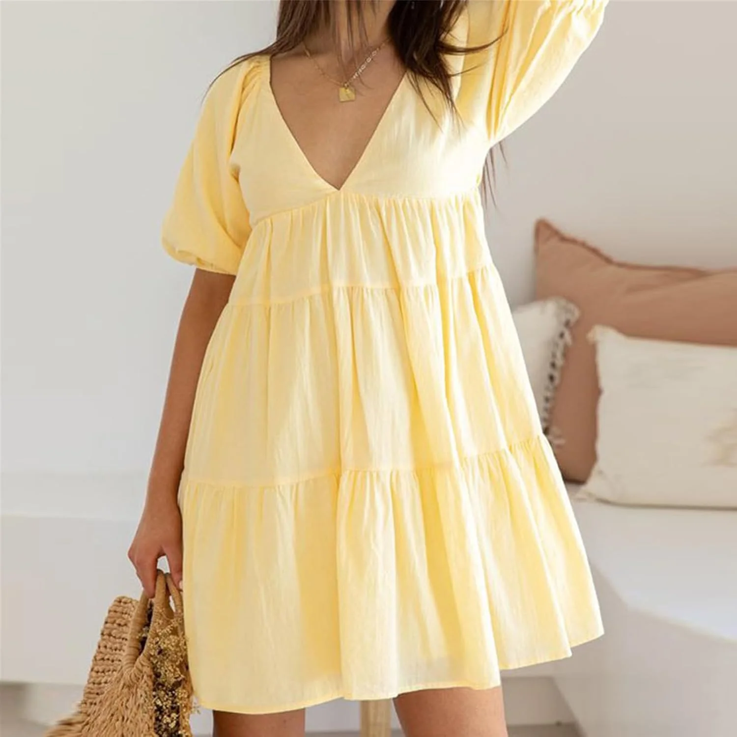 لباس بارداری زنانه طرح گینگام، آستین پفی، یقه دلبری، حاشیه چین دار، لباس کوتاه گشاد مناسب دوران بارداری