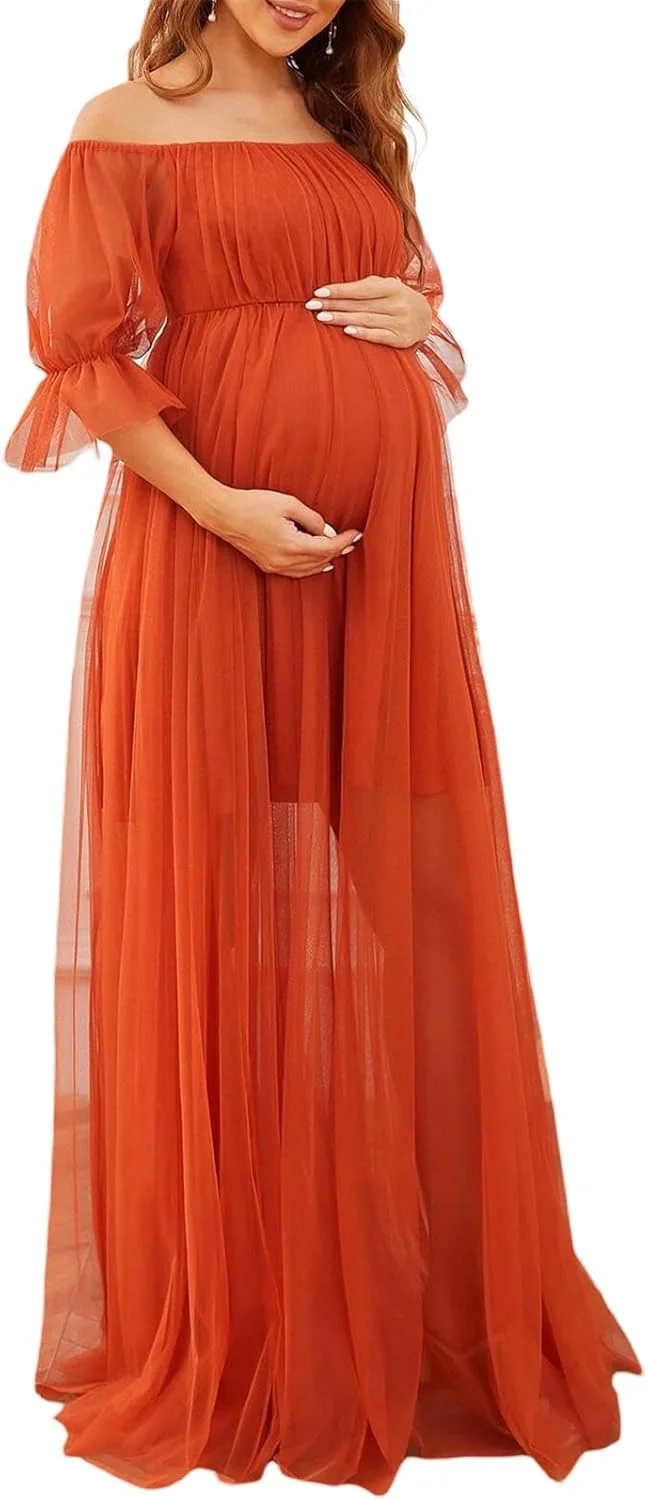 لباس ماکسی بارداری آستین بلند توری و پفی زنانه Fiacafyo، مناسب عکاسی