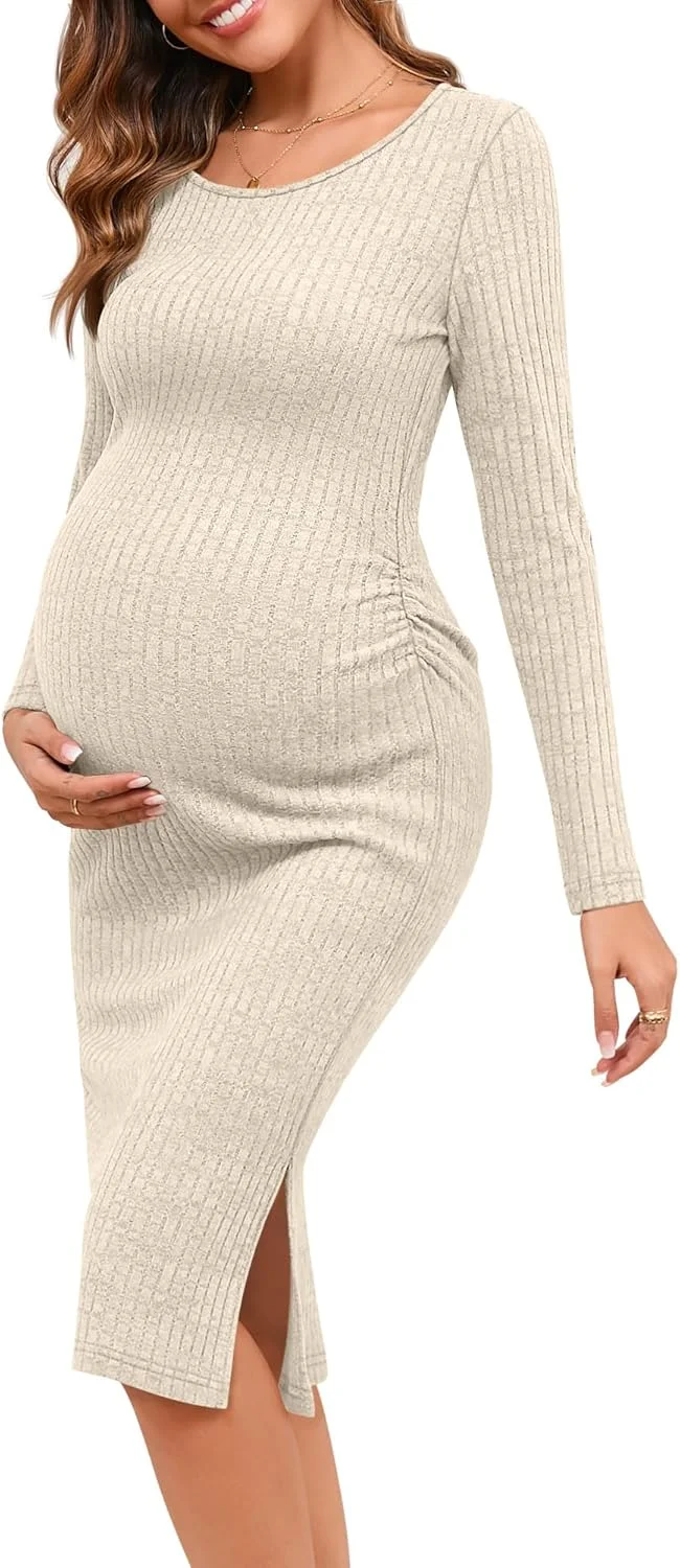 لباس بارداری زنانه فایسرد، بافتنی راه راه، آستین بلند، مدل جذب، چاک دار، کشی، مناسب برای مهمانی تعیین جنسیت 2025