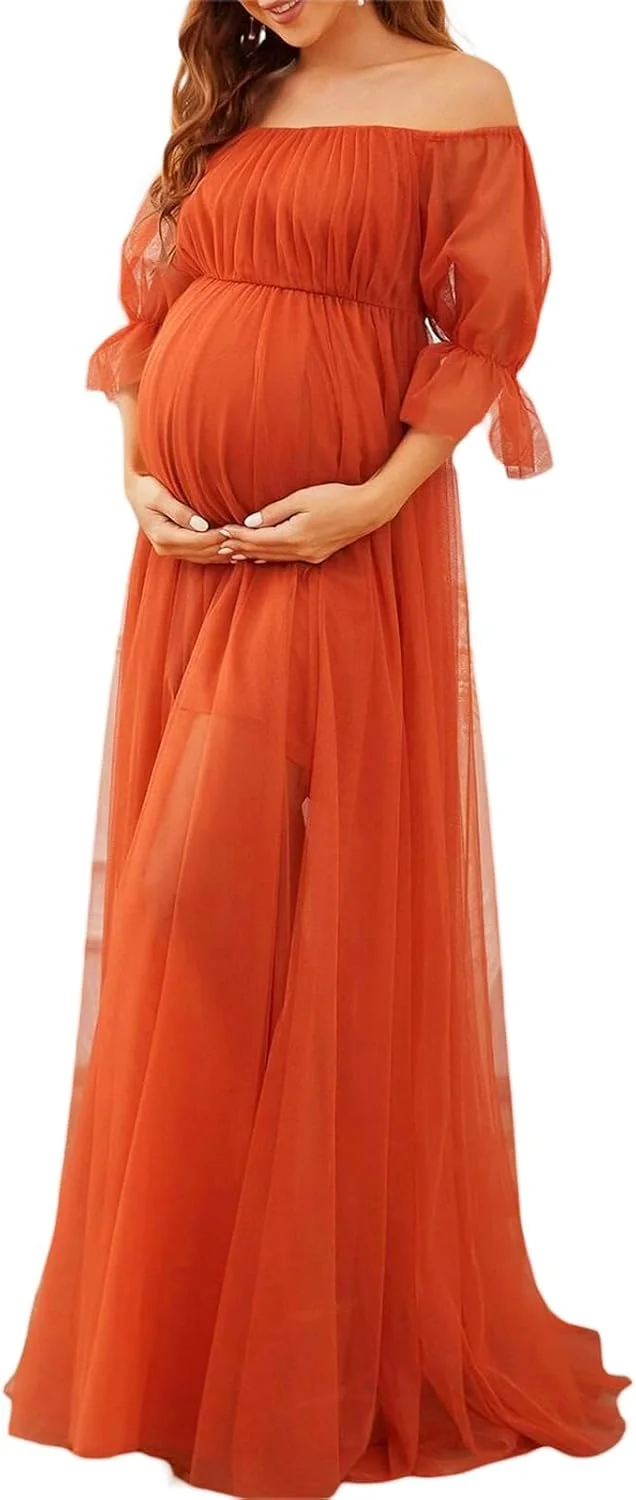 لباس ماکسی بارداری آستین بلند توری و پفی زنانه Fiacafyo، مناسب عکاسی