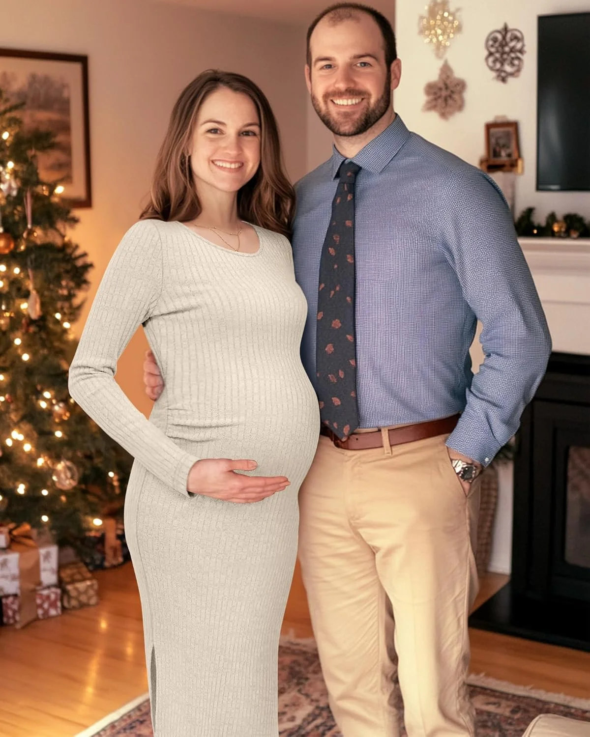 لباس بارداری زنانه فایسرد، بافتنی راه راه، آستین بلند، مدل جذب، چاک دار، کشی، مناسب برای مهمانی تعیین جنسیت 2025