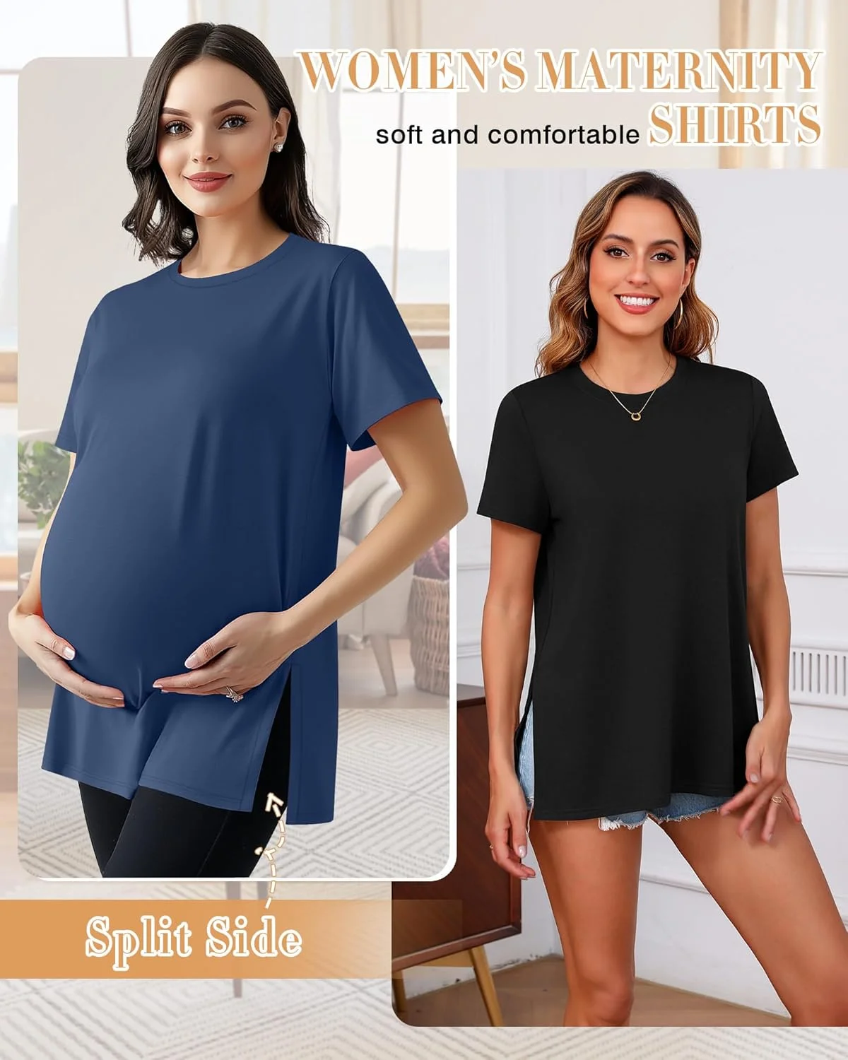 تی شرت بارداری زنانه فایسرد، بسته 3 عددی، آستین کوتاه، طرح چاک جانبی، تاپ بارداری غیر رسمی یقه گرد، لباس مادرانه