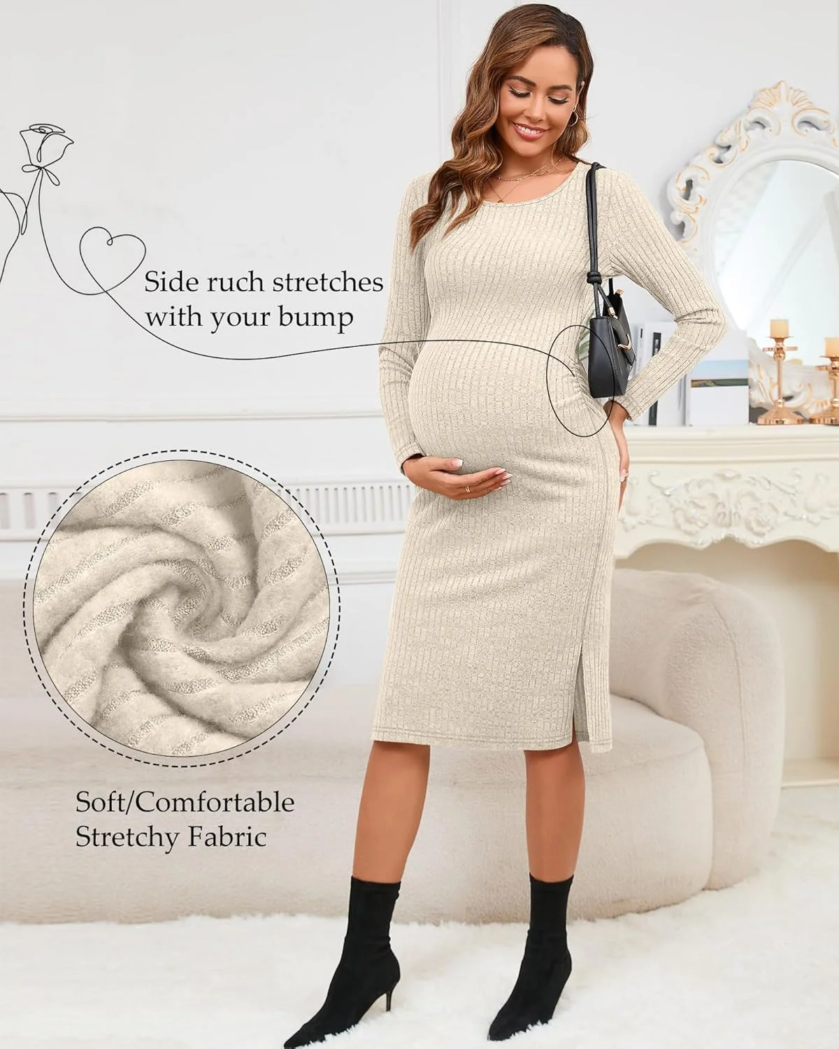 لباس بارداری زنانه فایسرد، بافتنی راه راه، آستین بلند، مدل جذب، چاک دار، کشی، مناسب برای مهمانی تعیین جنسیت 2025