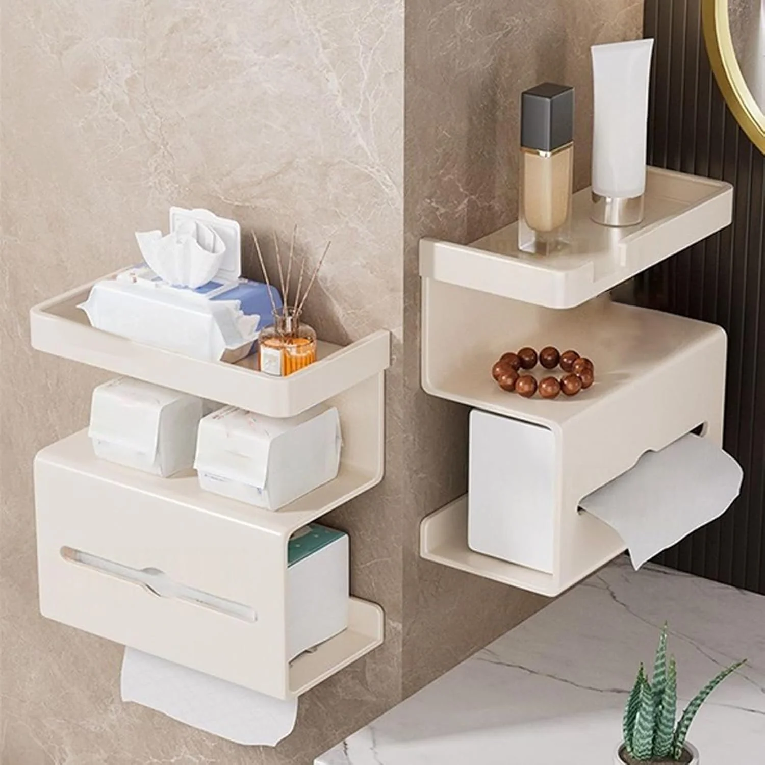 جا دستمال کاغذی رولی با قفسه، استند جا دستمال کاغذی رولی بدون نیاز به سوراخکاری با قفسه، قفسه مدرن و کم جا برای خانه، کاروان، حمام مهمان، اتاق پودر و مصارف تجاری