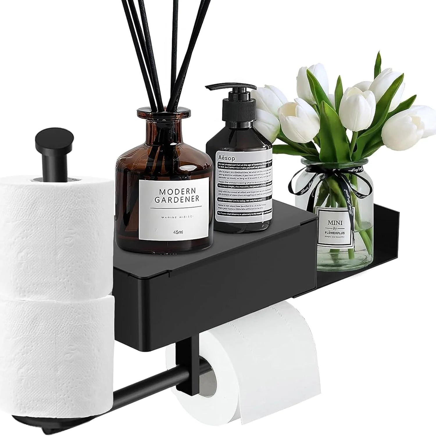 جا دستمال کاغذی 3 در 1 با جعبه دستمال مرطوب، جا دستمال کاغذی بدون نیاز به سوراخ کاری با قفسه، جا دستمال کاغذی خود چسب برای حمام