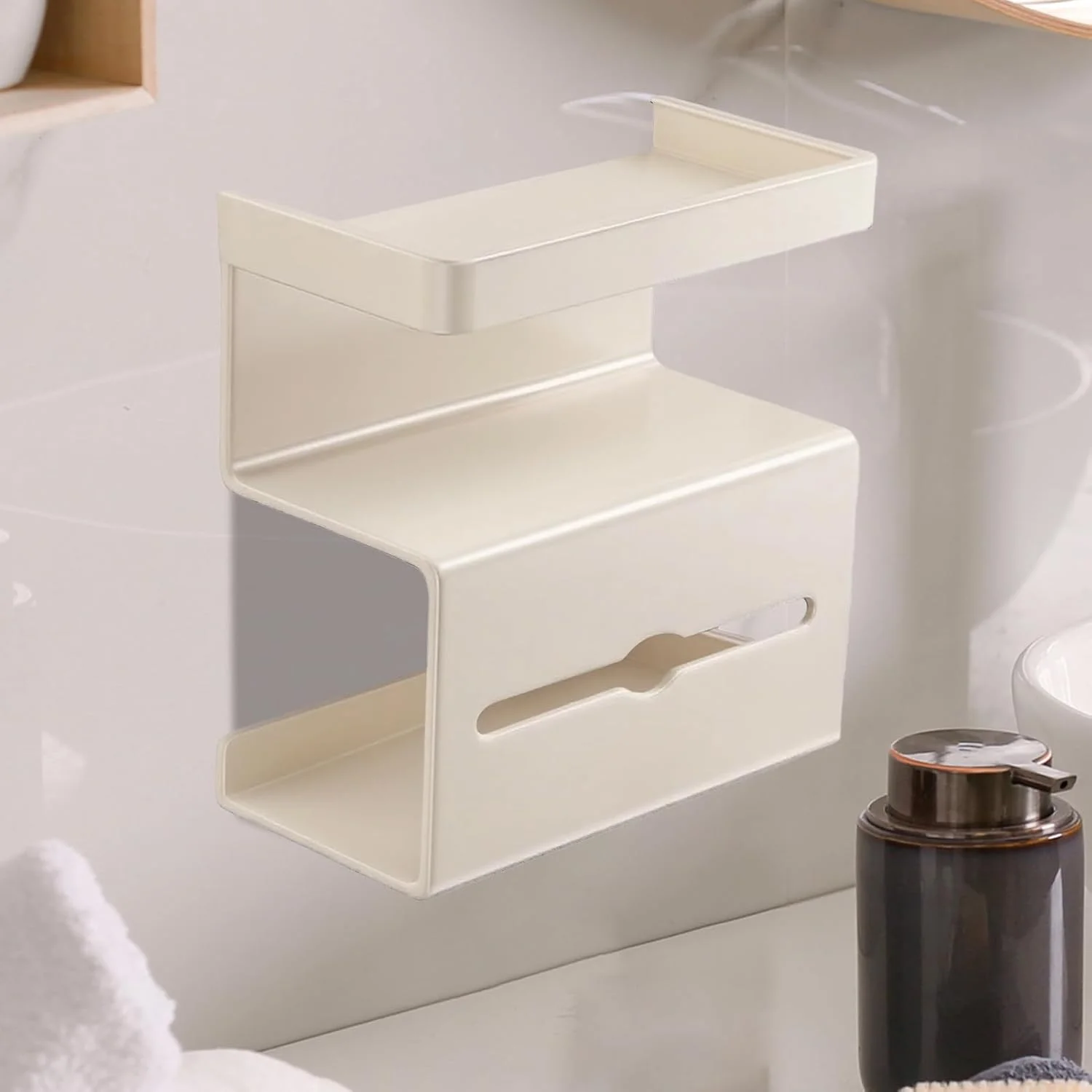 جا دستمال کاغذی دیواری با قفسه | پایه نگهدارنده دستمال کاغذی بدون نیاز به سوراخکاری با قفسه | پایه مدرن و صرفه جویی در فضا برای سرویس بهداشتی، کاروان، حمام مهمان، آپارتمان و خانه