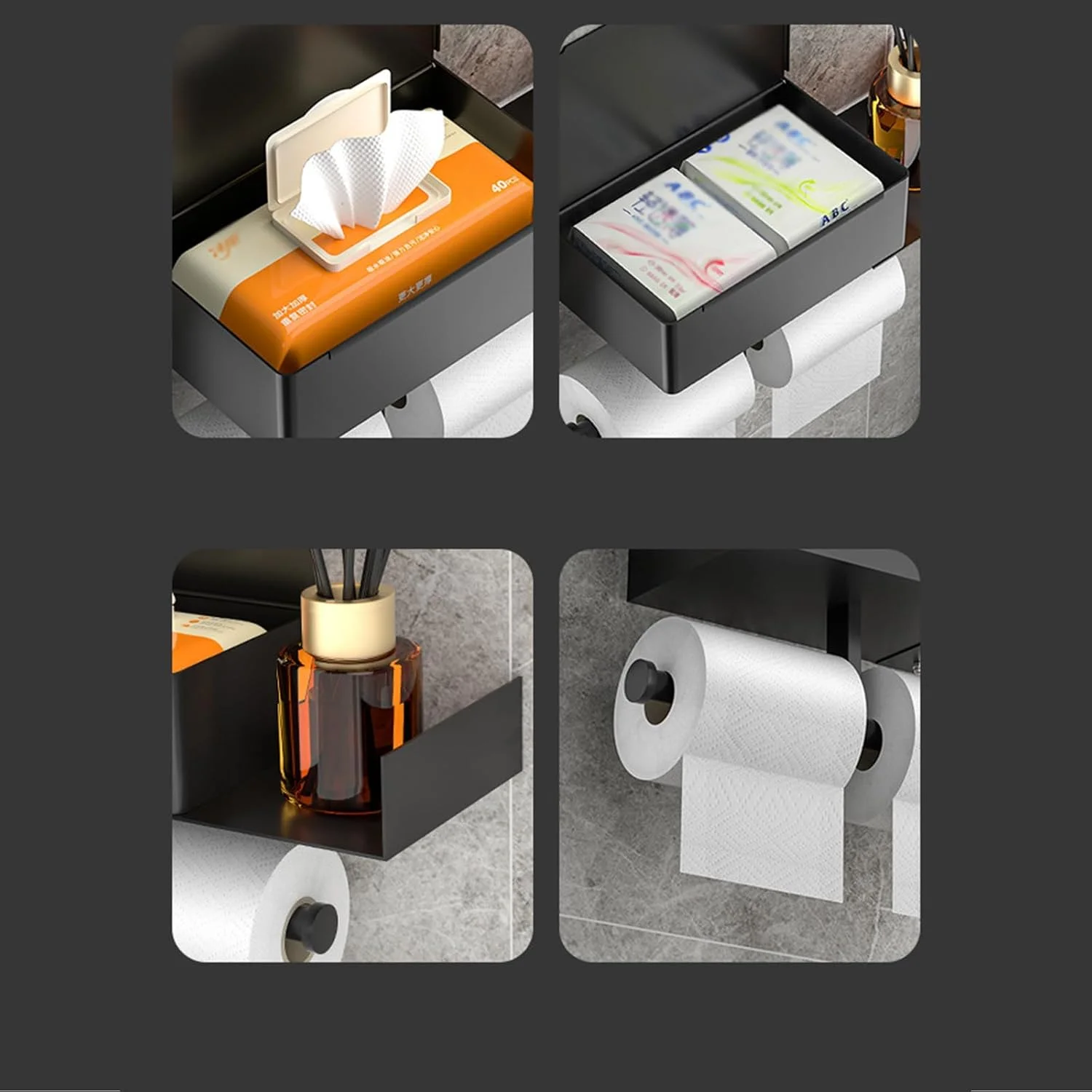 جا دستمال کاغذی 3 در 1 با جعبه دستمال مرطوب، جا دستمال کاغذی بدون نیاز به سوراخ کاری با قفسه، جا دستمال کاغذی خود چسب برای حمام