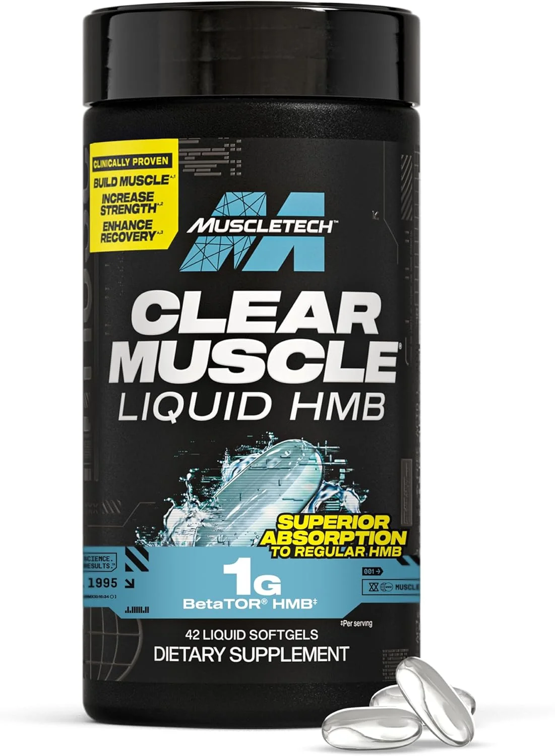 ماسل تک Clear Muscle HMB Free Acid بالاترین گرید HMB، پشتیبانی از قدرت و ریکاوری عضلات با 1000 میلی گرم بتاتور، تسریع ریکاوری و کمک به کاهش تجزیه عضلات، سافت ژل مایع 42 عددی