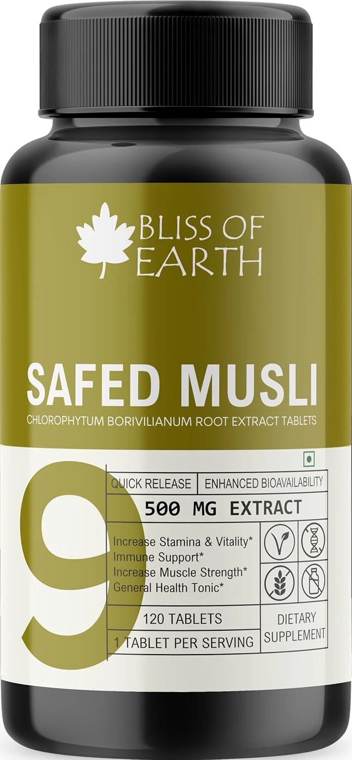 مکمل سفد موسلی Bliss of Earth، قرص های عصاره خالص ریشه کلروفیوم بورویلیانوم، 120 عدد، 500 میلی گرم عصاره خالص در هر وعده، برای انرژی و نشاط