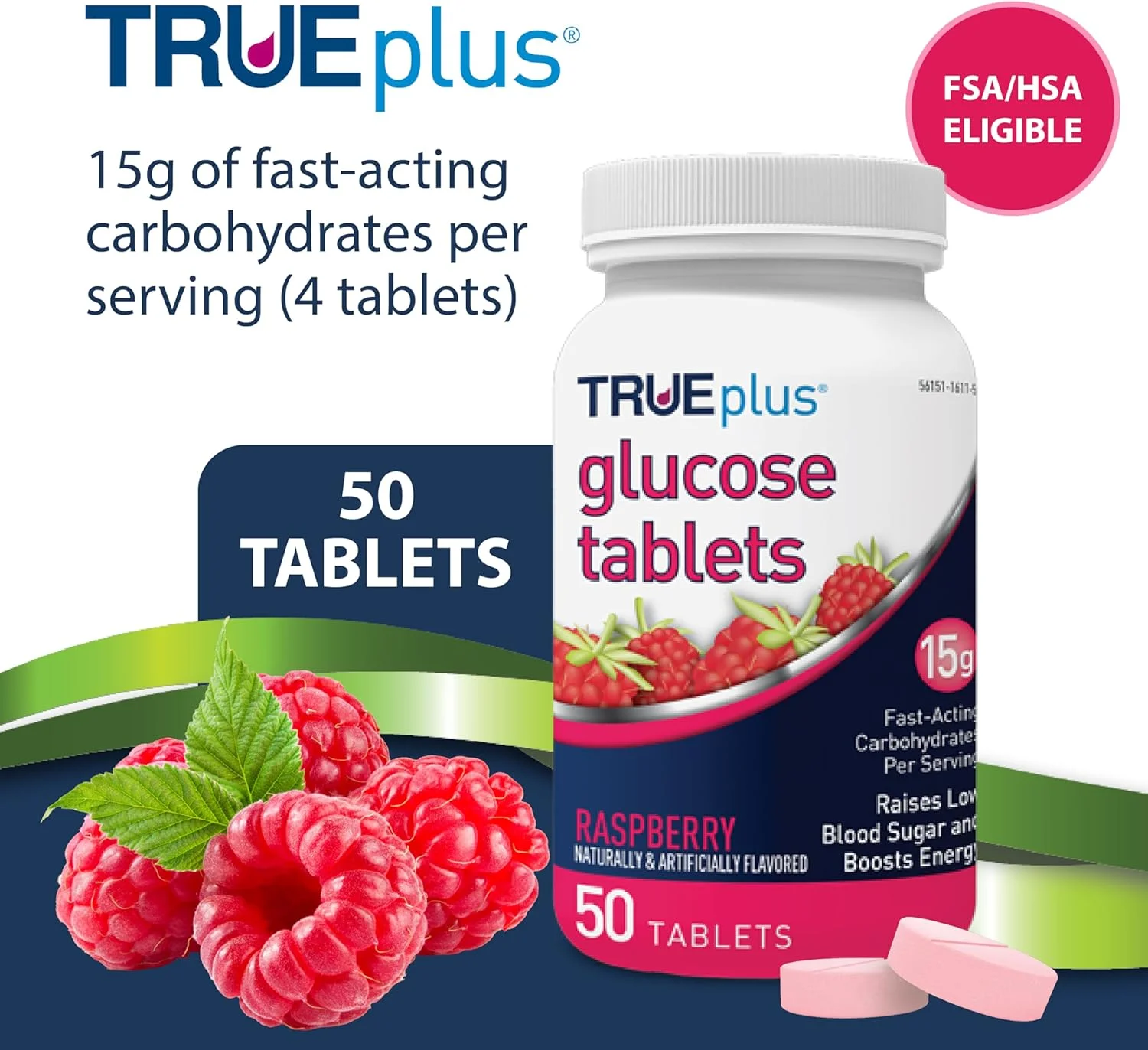 قرص گلوکز TRUEplus®، طعم تمشک - 50 عدد