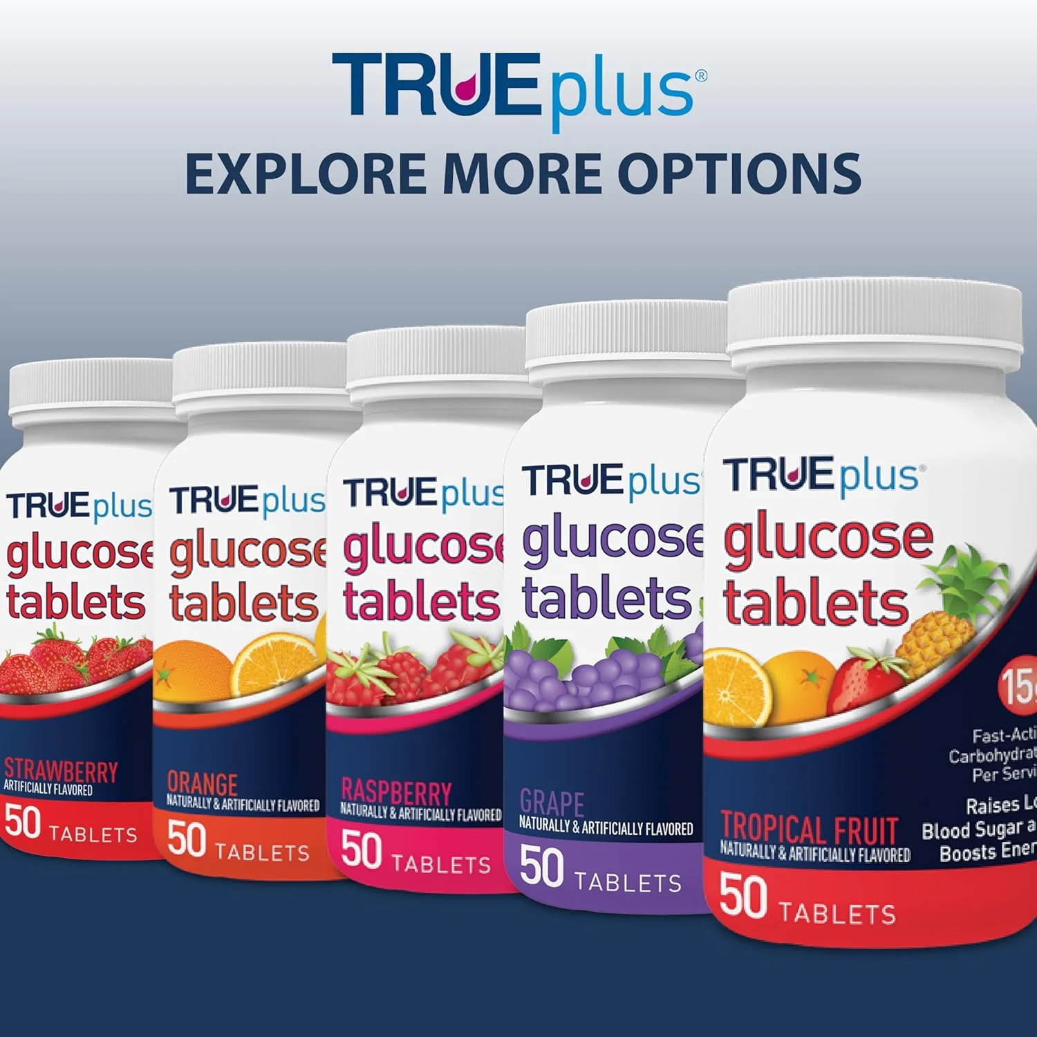 قرص های گلوکز TRUEplus با طعم میوه های استوایی - بطری 50 عددی قرص های گلوکز TRUEplus با طعم میوه های استوایی - بطری 50 عددی