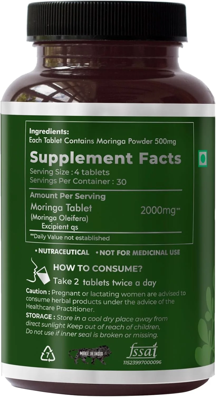 قرص های مورینگا طبیعی SAPTAMVEDA، قرص برگ درام استیک 120 عدد، 500 میلی گرم | 100% طبیعی