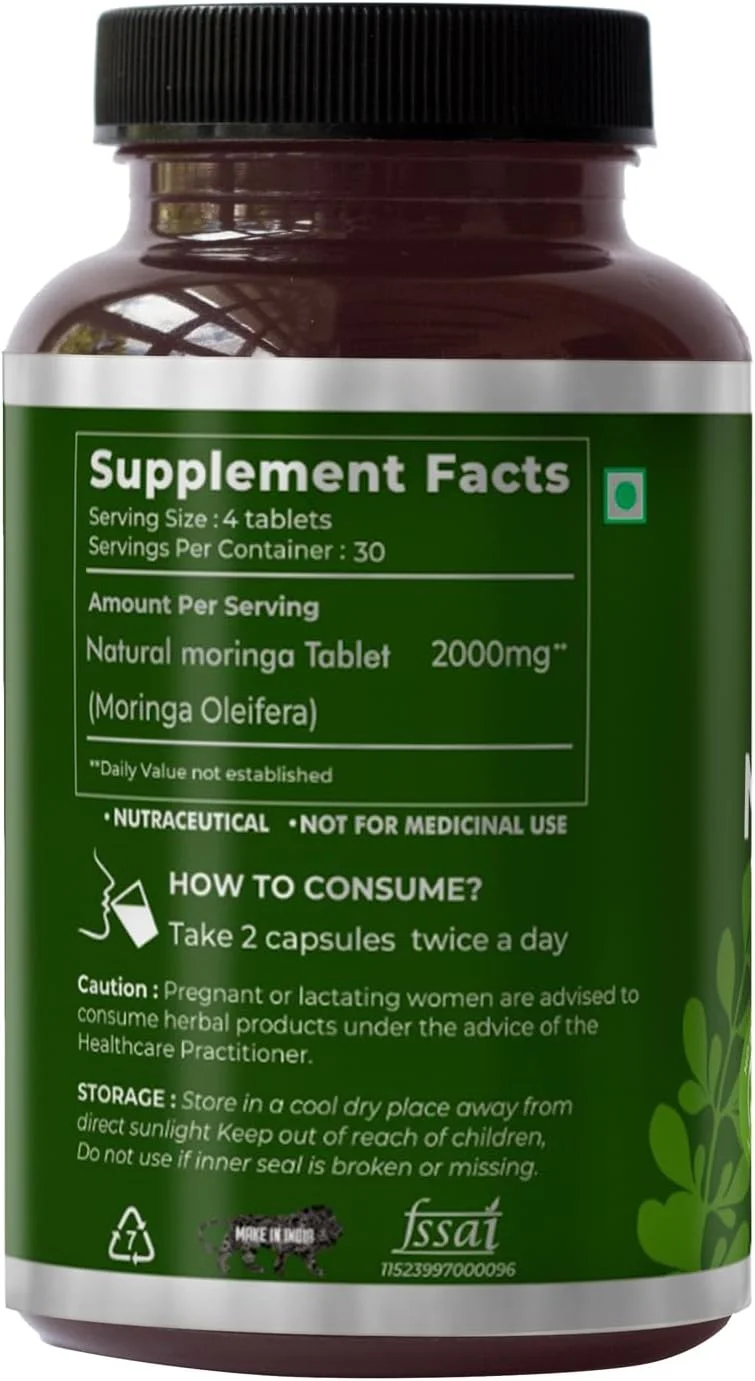 قرص های مورینگا طبیعی SAPTAMVEDA، قرص برگ درام استیک 120 عدد، 500 میلی گرم | 100% طبیعی